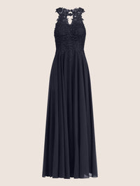 Brautkleid mit floraler Spitze und Chiffon | nachtblau
