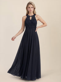 Brautkleid mit floraler Spitze und Chiffon | nachtblau