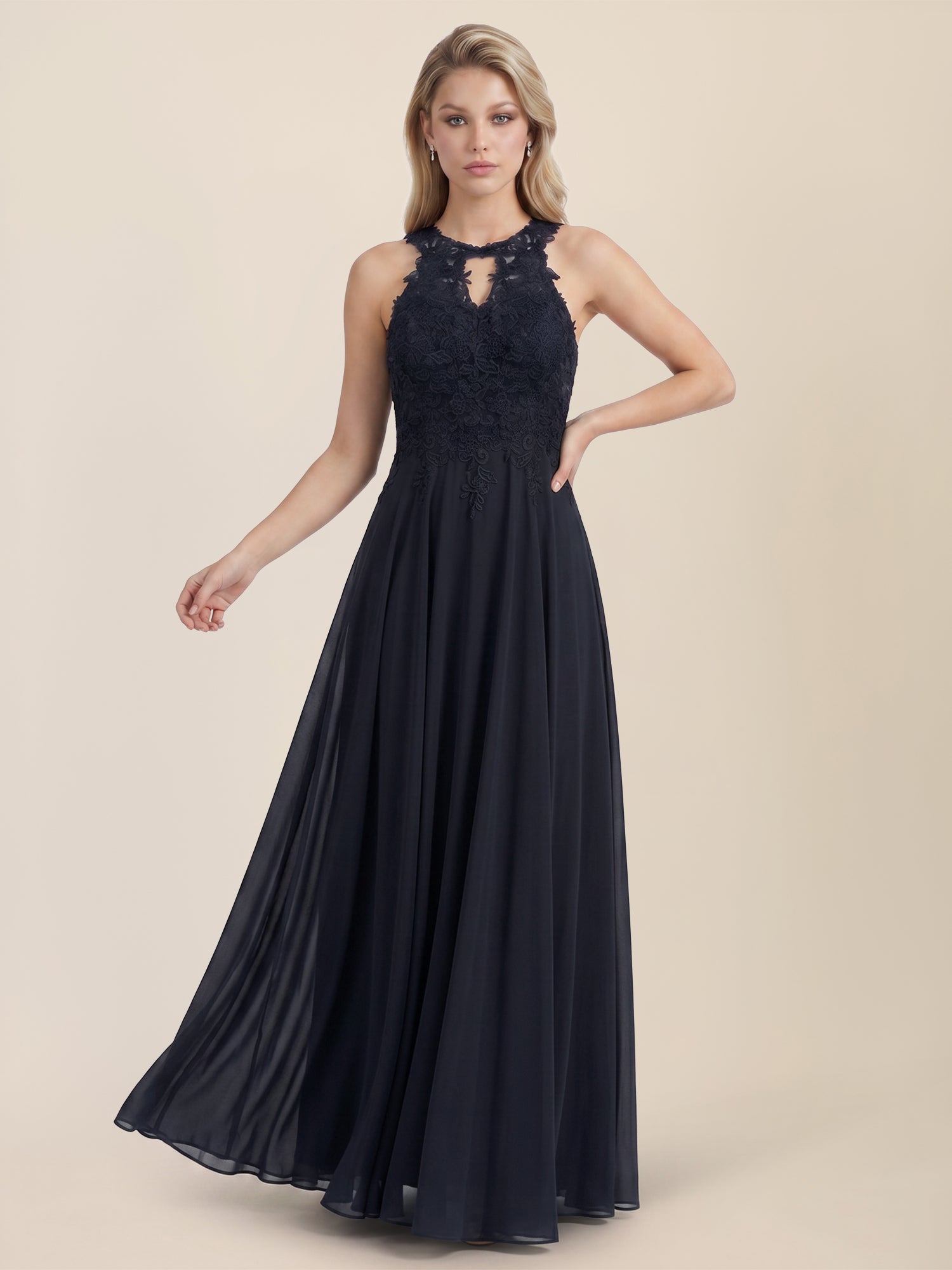 Brautkleid mit floraler Spitze und Chiffon | nachtblau