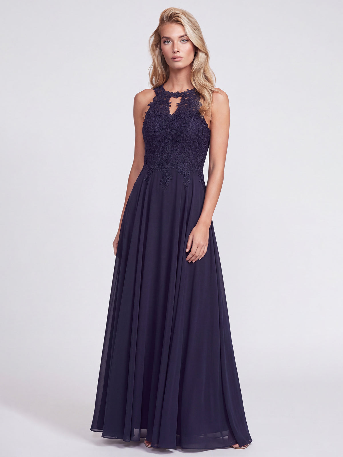 Kleid mit floraler Spitze und Chiffon | nachtblau