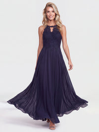 Kleid mit floraler Spitze und Chiffon | nachtblau