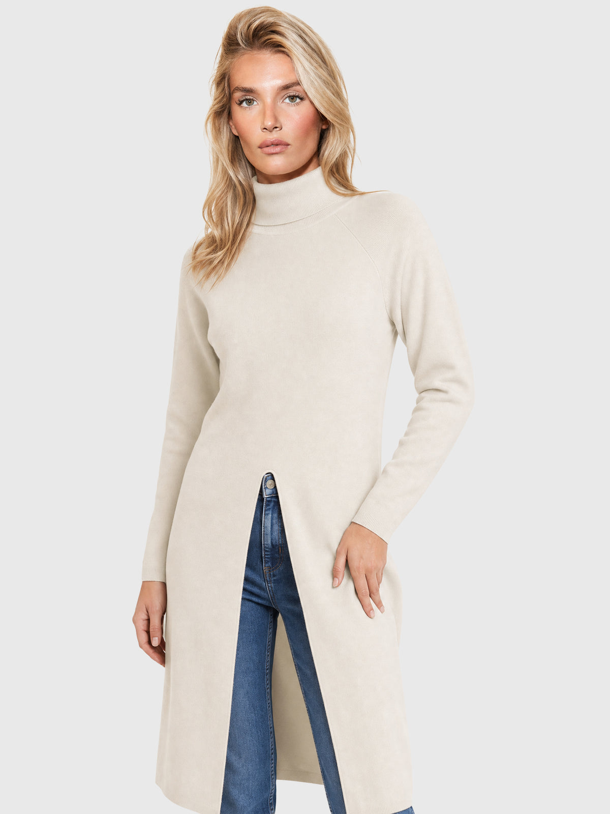 Langer Strickpullover mit langem Schlitz und Kaschmiranteil | champagner