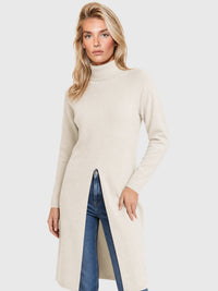 Langer Strickpullover mit langem Schlitz und Kaschmiranteil | champagner