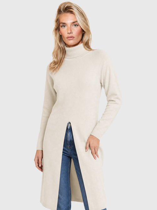 Langer Strickpullover mit langem Schlitz und Kaschmiranteil | champagner image 1