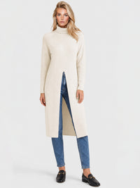 Langer Strickpullover mit langem Schlitz und Kaschmiranteil | champagner