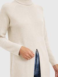 Langer Strickpullover mit langem Schlitz und Kaschmiranteil | champagner