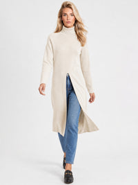 Langer Strickpullover mit langem Schlitz und Kaschmiranteil | champagner