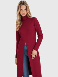 Langer Strickpullover mit langem Schlitz und Kaschmiranteil | rot