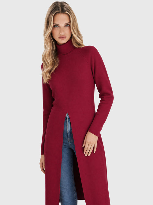 Langer Strickpullover mit langem Schlitz und Kaschmiranteil | rot image 1
