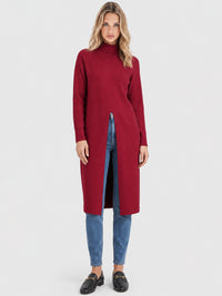 Langer Strickpullover mit langem Schlitz und Kaschmiranteil | rot