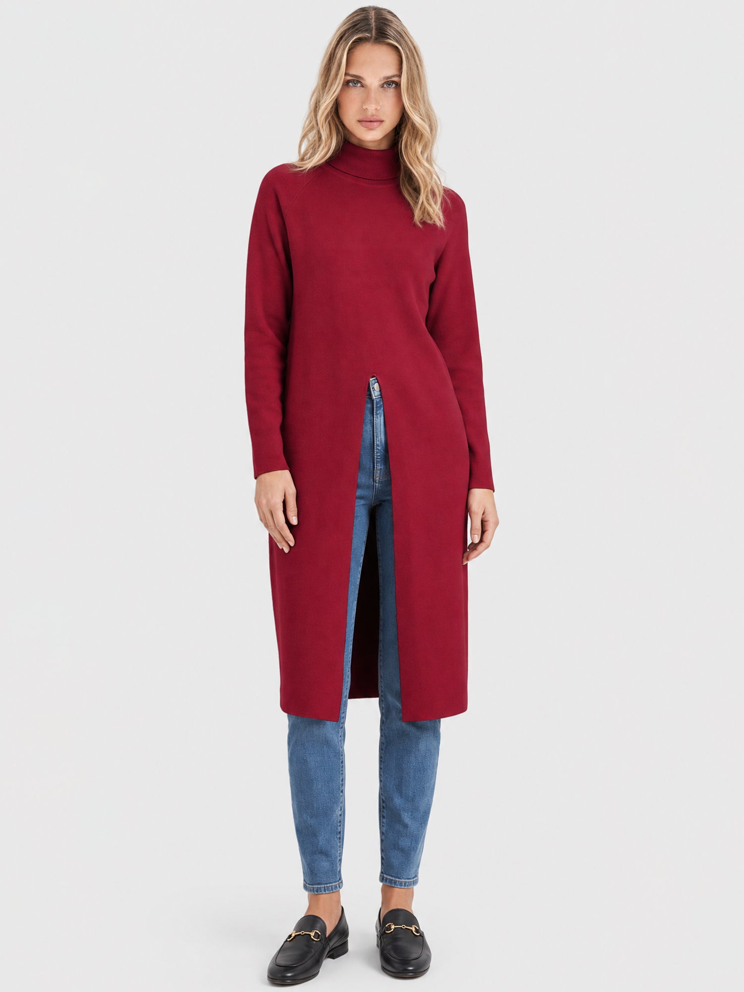 Langer Strickpullover mit langem Schlitz und Kaschmiranteil | rot