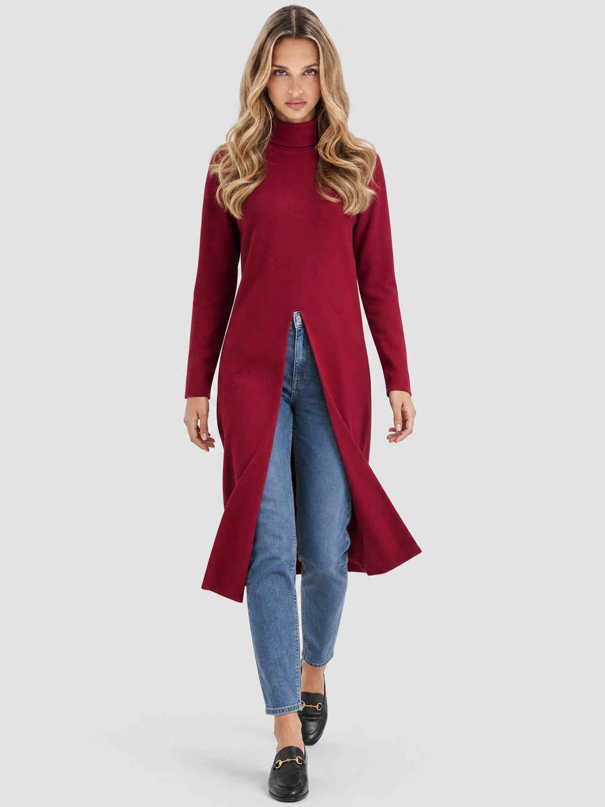 Langer Strickpullover mit langem Schlitz und Kaschmiranteil | rot