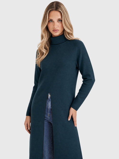 Langer Strickpullover mit langem Schlitz und Kaschmiranteil | petrol image 1