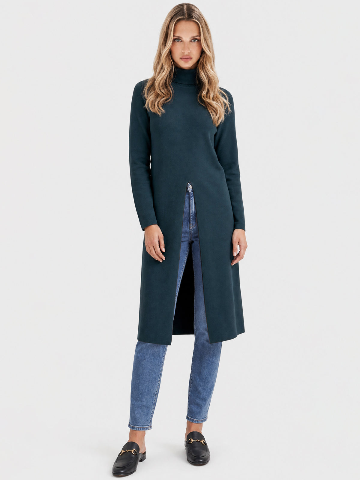 Langer Strickpullover mit langem Schlitz und Kaschmiranteil | petrol