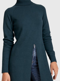 Langer Strickpullover mit langem Schlitz und Kaschmiranteil | petrol