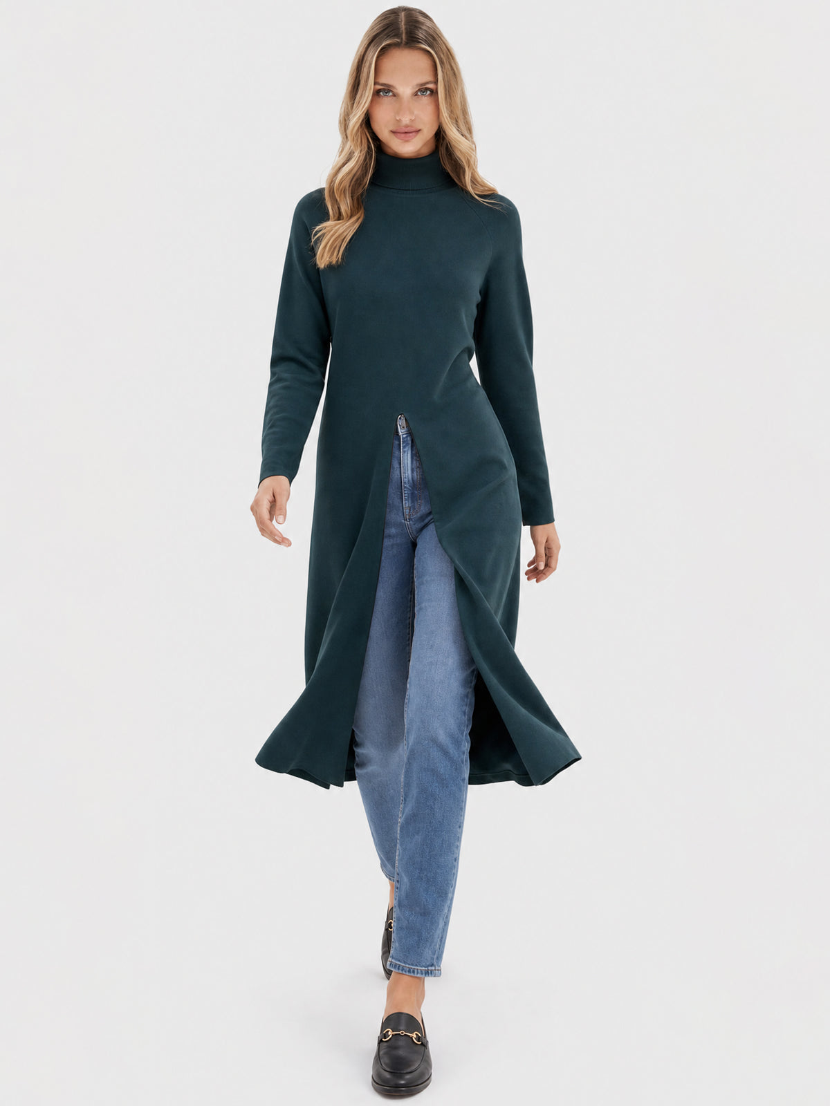 Langer Strickpullover mit langem Schlitz und Kaschmiranteil | petrol