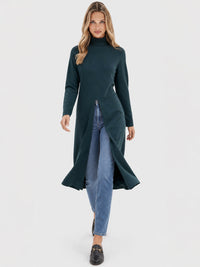 Langer Strickpullover mit langem Schlitz und Kaschmiranteil | petrol