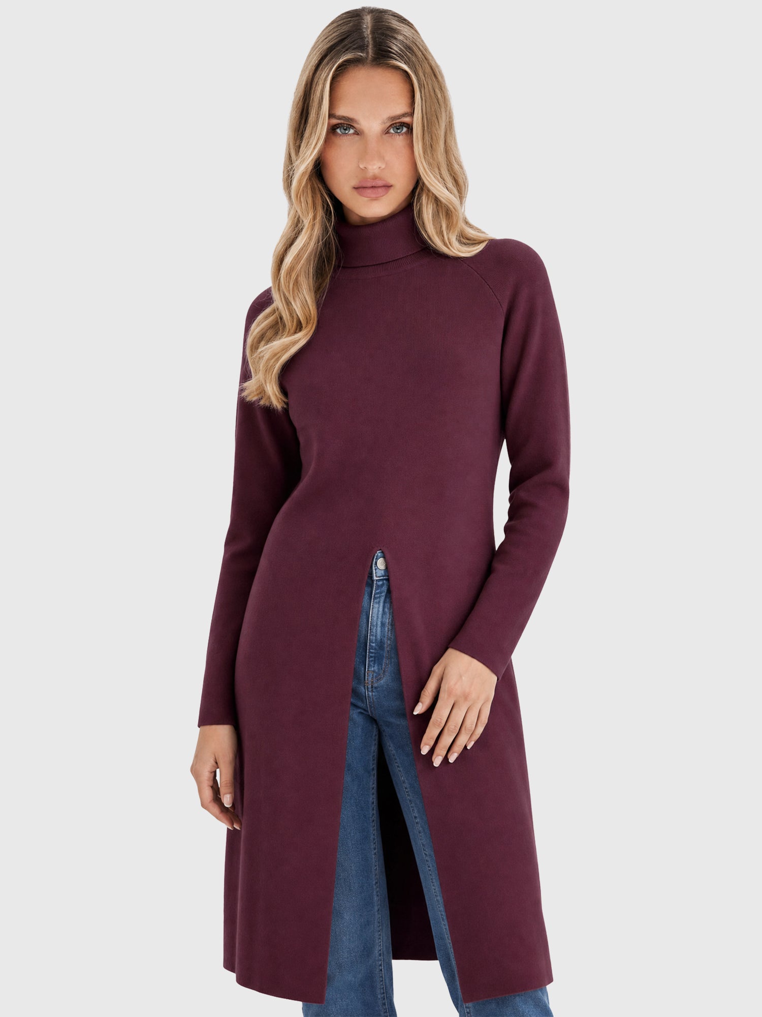 Langer Strickpullover mit langem Schlitz und Kaschmiranteil | weinrot