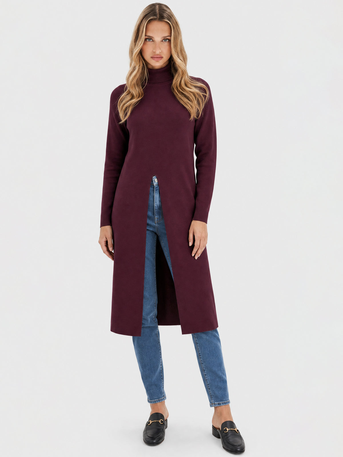 Langer Strickpullover mit langem Schlitz und Kaschmiranteil | weinrot