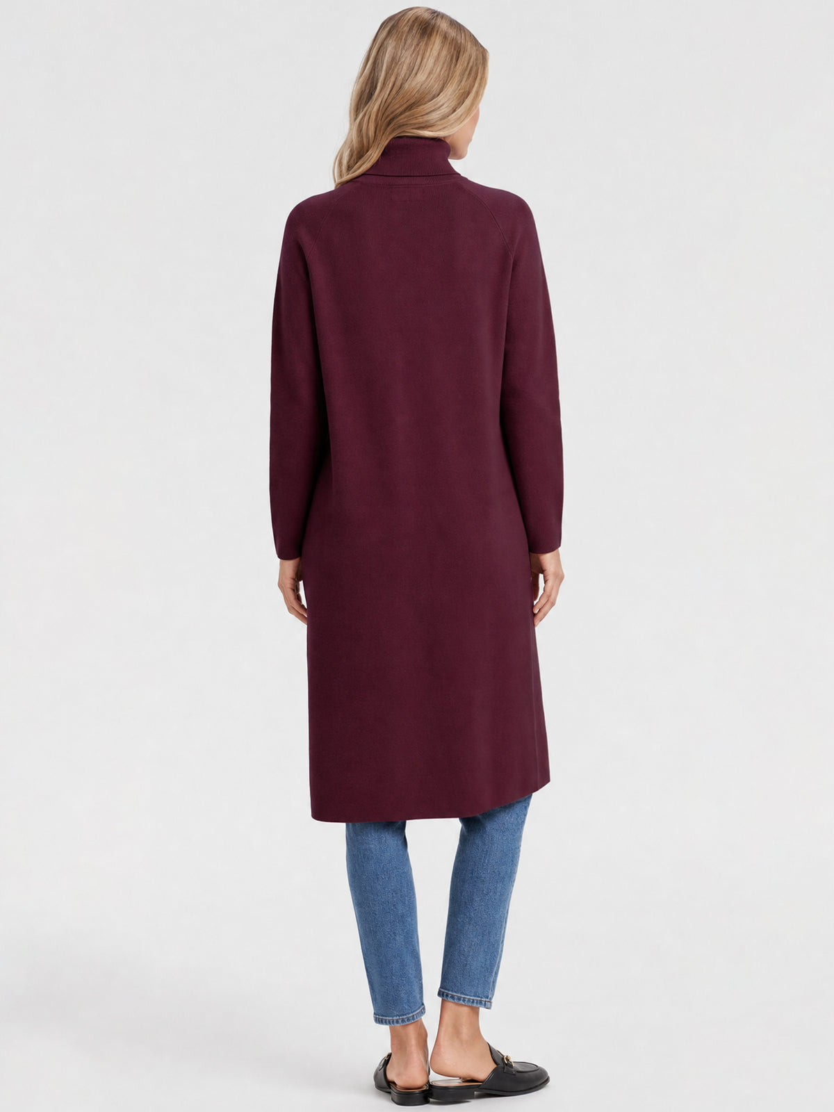 Langer Strickpullover mit langem Schlitz und Kaschmiranteil | weinrot