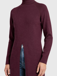Langer Strickpullover mit langem Schlitz und Kaschmiranteil | weinrot