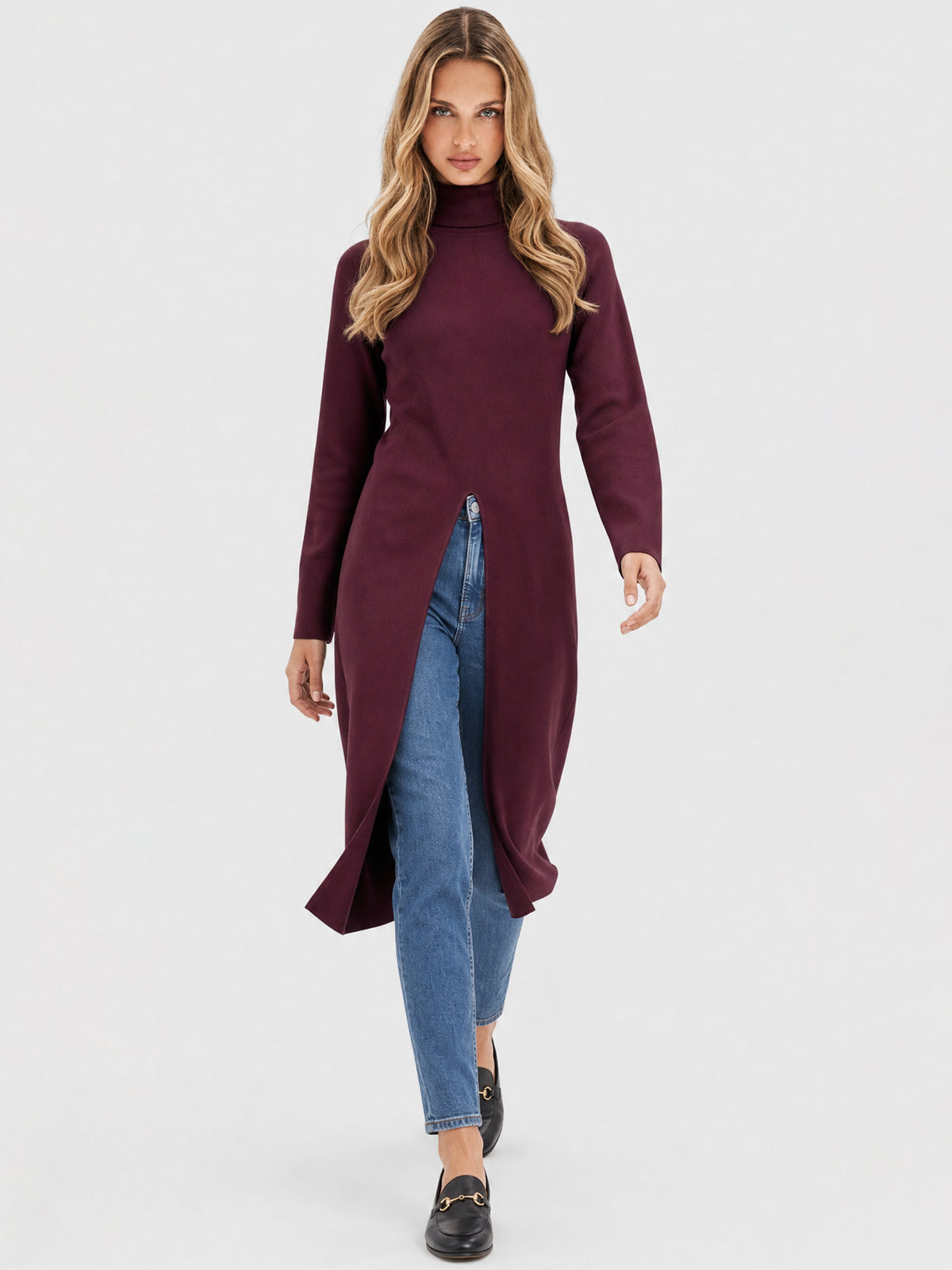 Langer Strickpullover mit langem Schlitz und Kaschmiranteil | weinrot