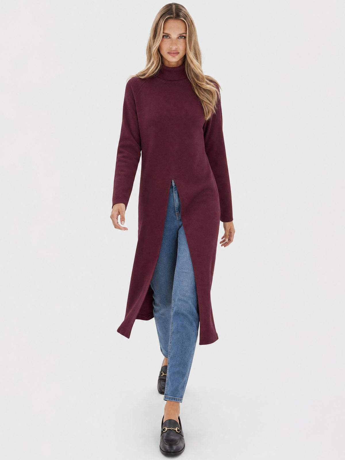 Langer Strickpullover mit langem Schlitz und Kaschmiranteil | weinrot
