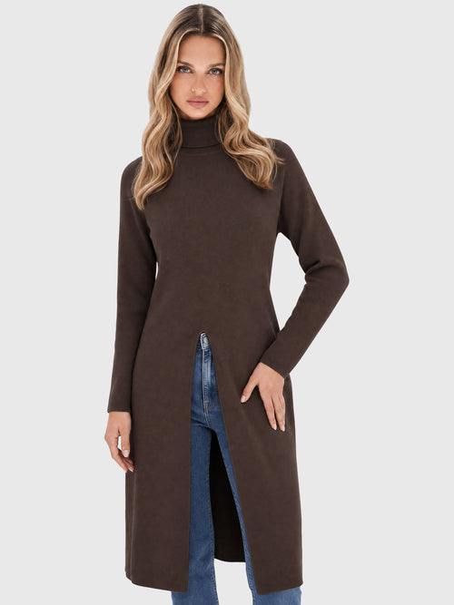 Langer Strickpullover mit langem Schlitz und Kaschmiranteil | braun image 1