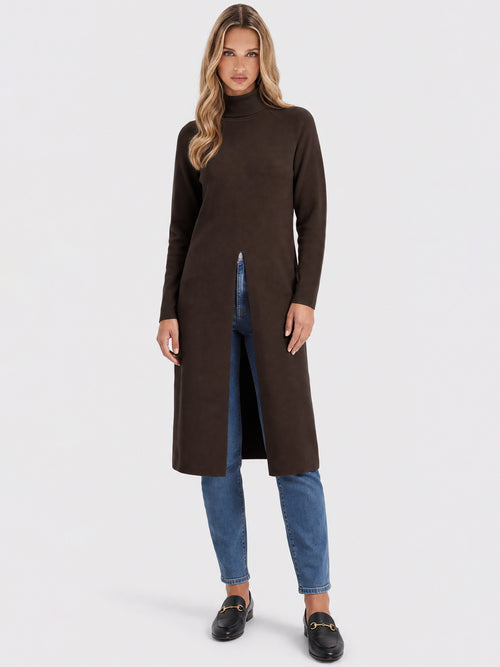 Langer Strickpullover mit langem Schlitz und Kaschmiranteil | braun image 1
