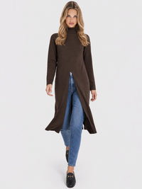 Langer Strickpullover mit langem Schlitz und Kaschmiranteil | braun