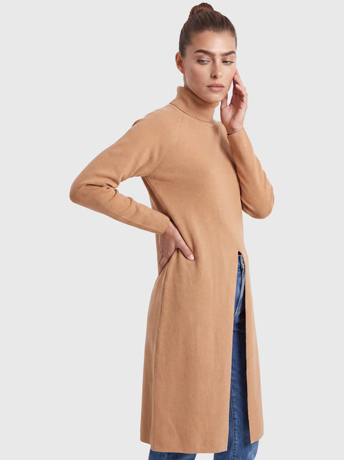 Langer Strickpullover mit langem Schlitz und Kaschmiranteil | camel image 1