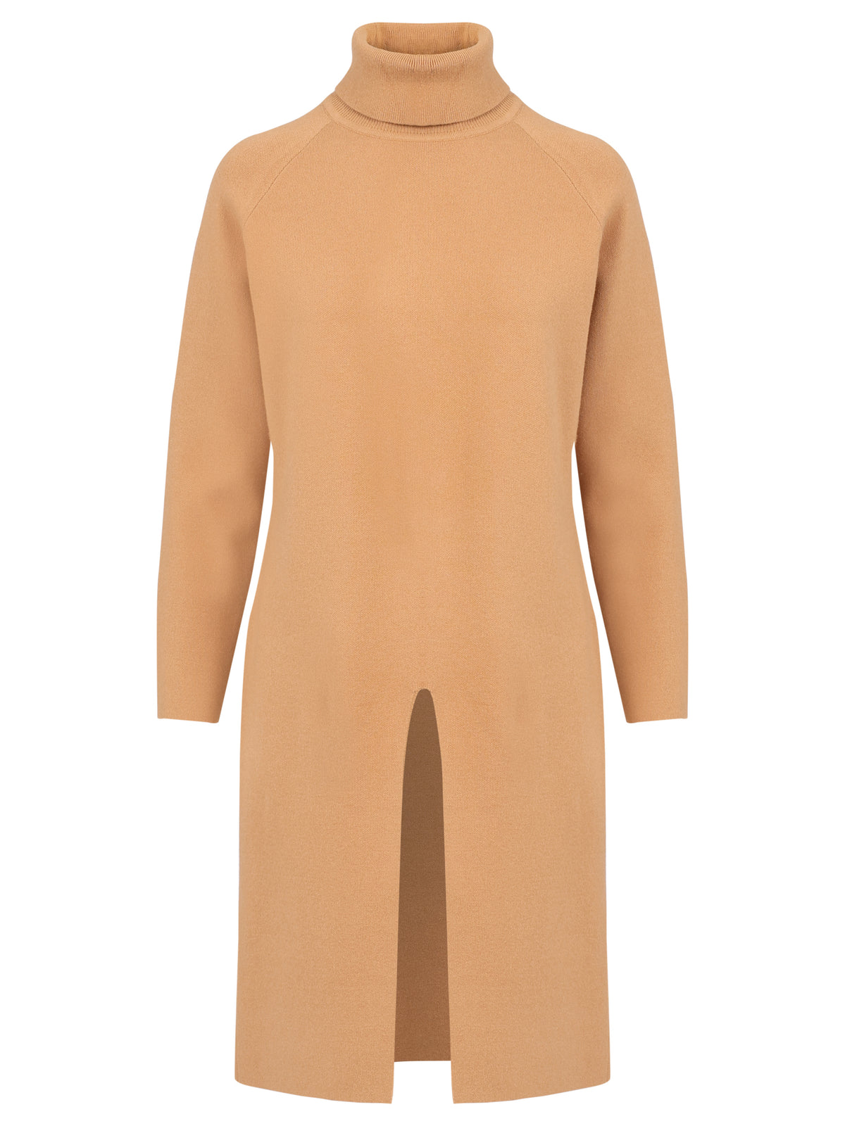 Langer Strickpullover mit langem Schlitz und Kaschmiranteil | camel
