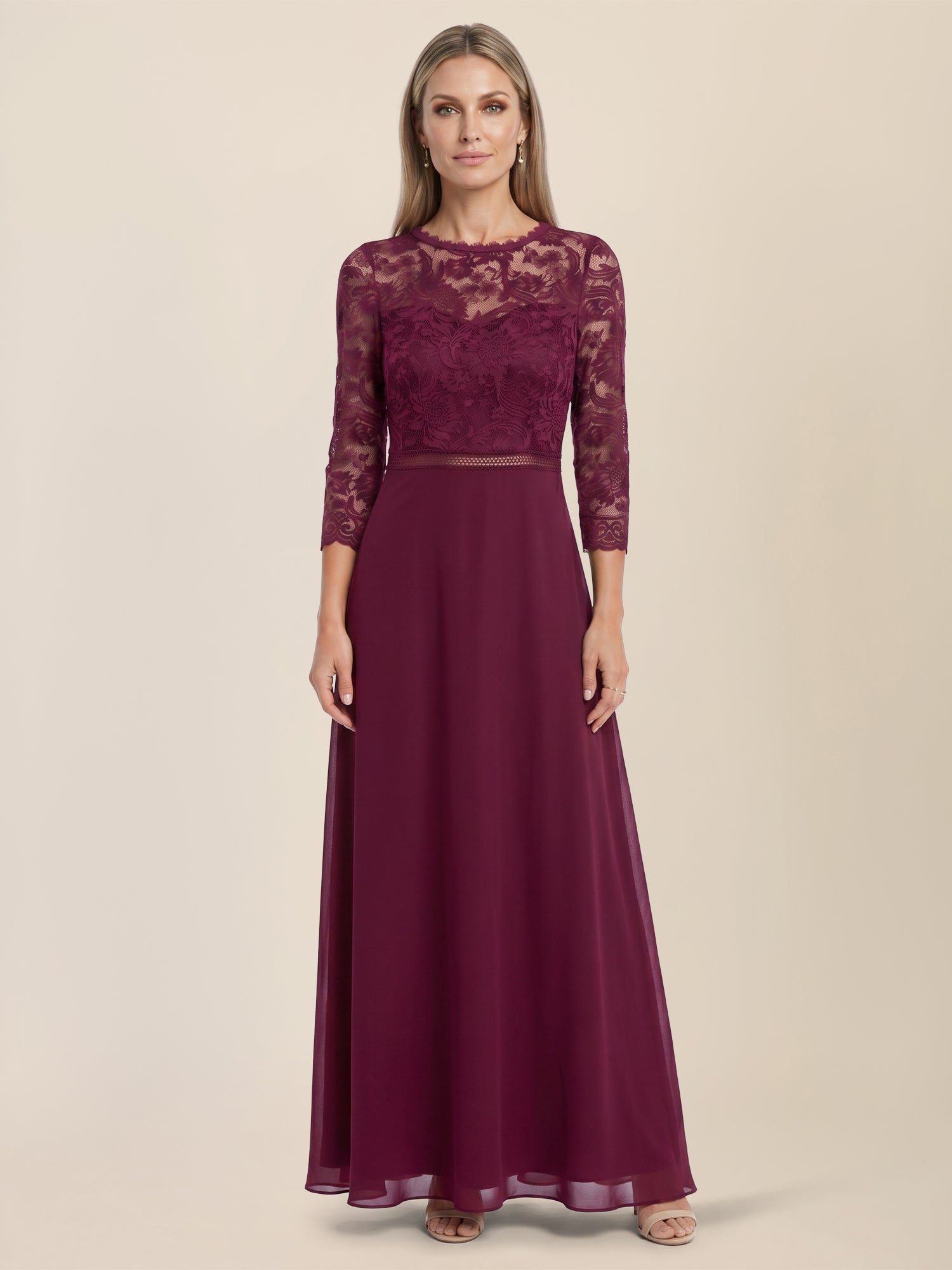 Abendkleid aus Spitze und Chiffon | merlot