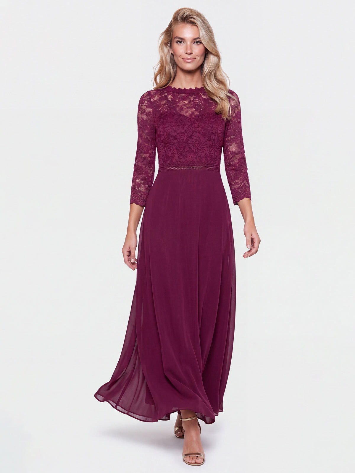 Abendkleid aus Spitze und Chiffon | merlot
