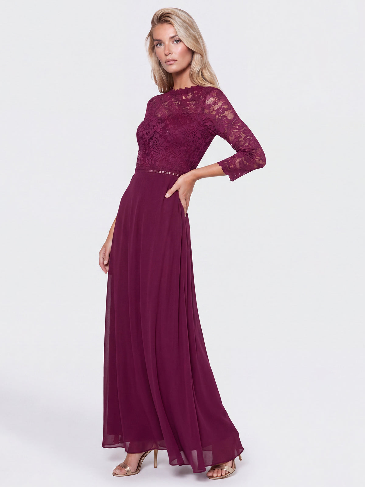 Abendkleid aus Spitze und Chiffon | merlot