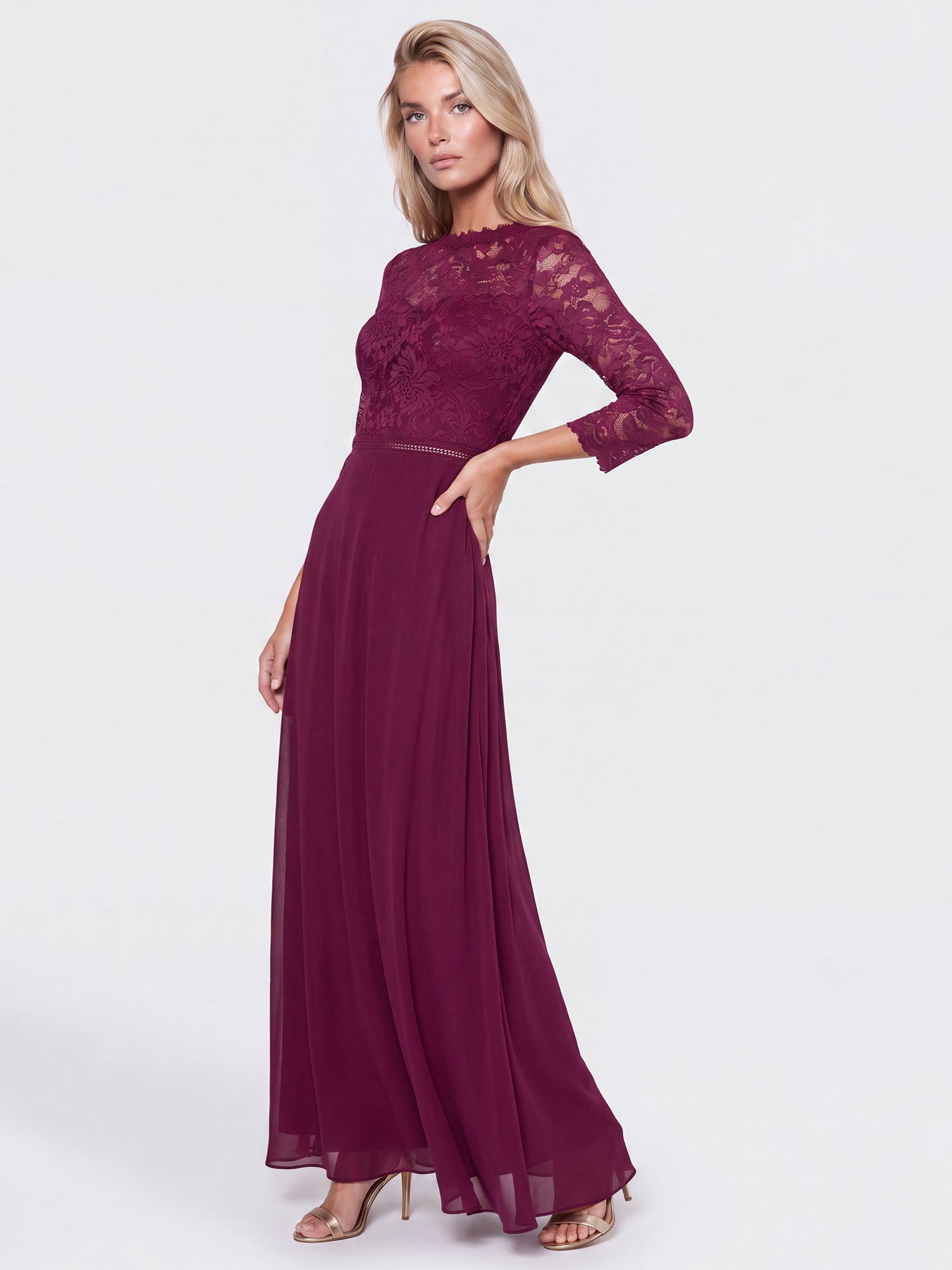 Abendkleid aus Spitze und Chiffon | merlot
