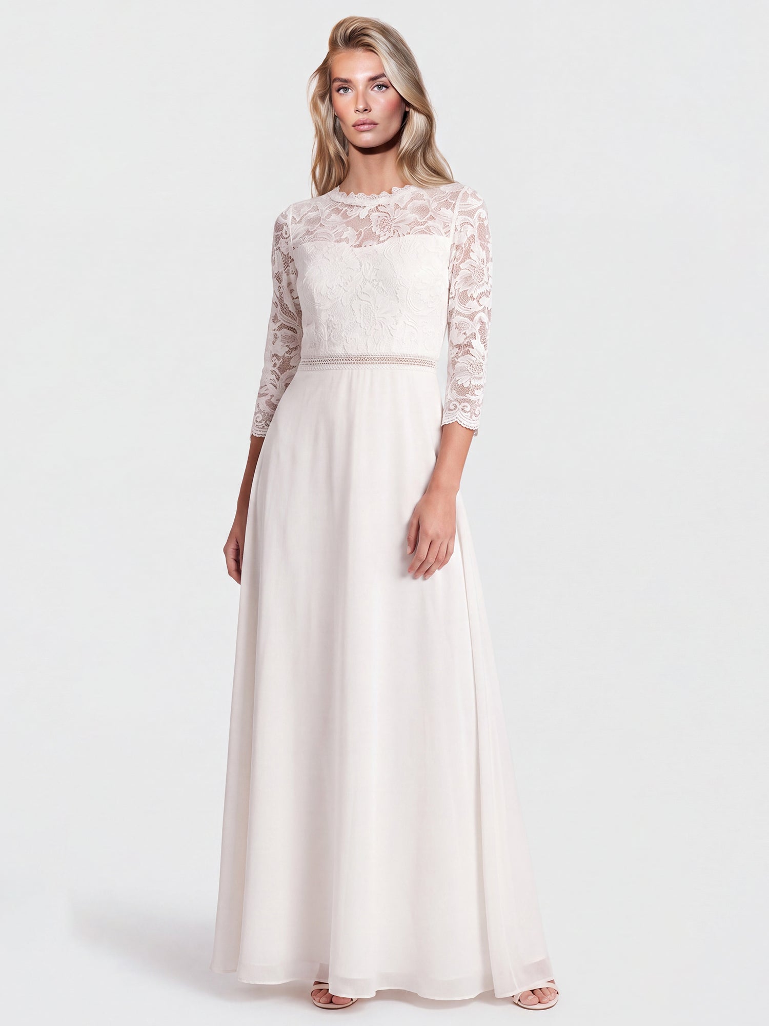 Abendkleid aus Spitze und Chiffon | cream