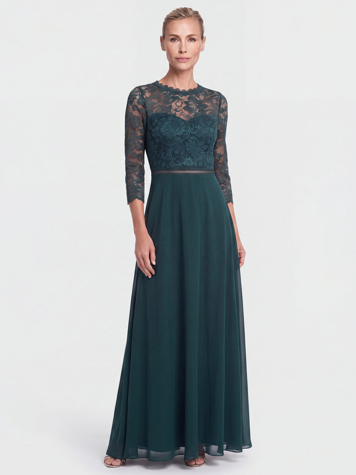 Abendkleid aus Spitze und Chiffon | emerald