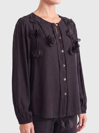 Bluse mit Blütenapplikationen | schwarz