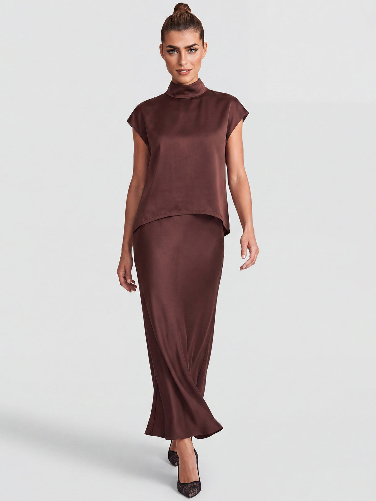 Satinbluse mit Stehkragen | braun