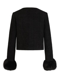 Boucléblazer mit Pailletten und Kunstfellstulpen | schwarz