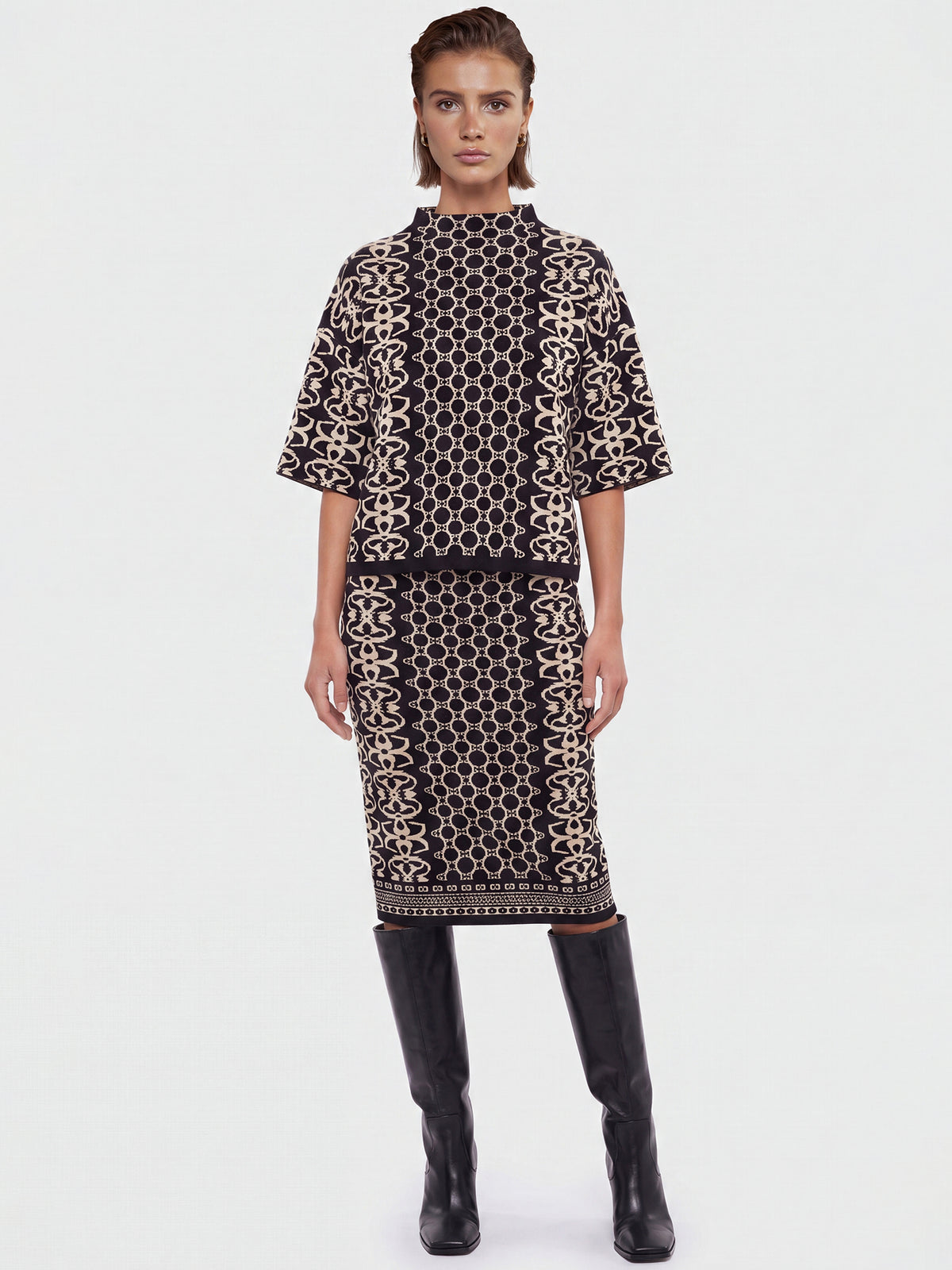 Jacquard-Pullover mit Kaschmir | schwarz-champagner