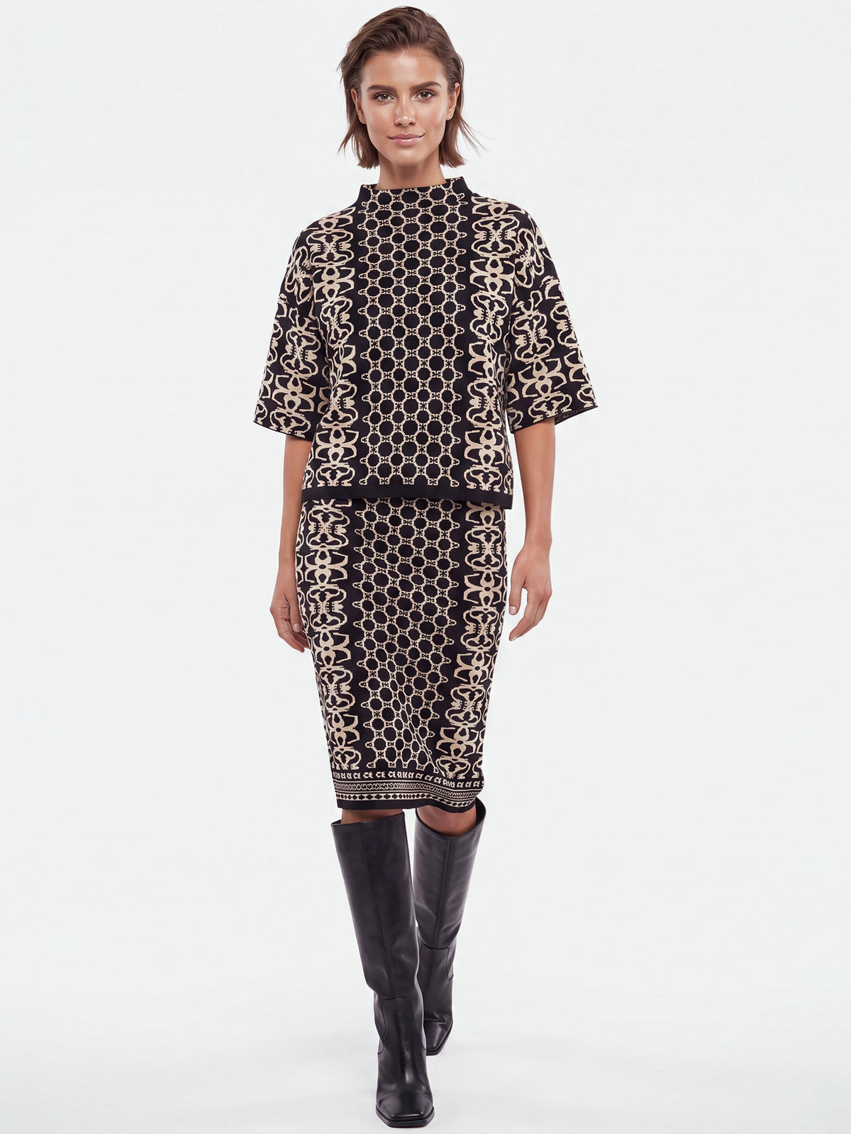 Jacquard-Pullover mit Kaschmir | schwarz-champagner