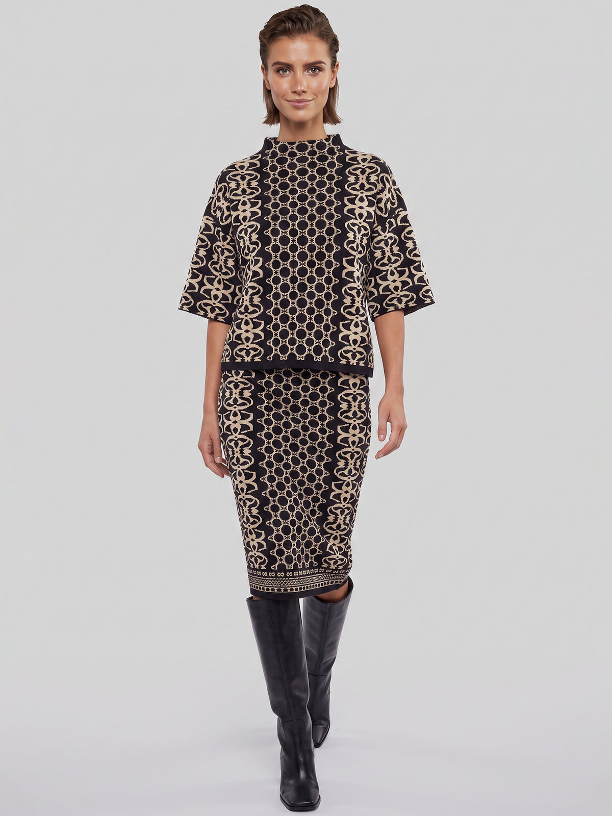 Jacquard-Strickrock mit Kaschmir | schwarz-champagner