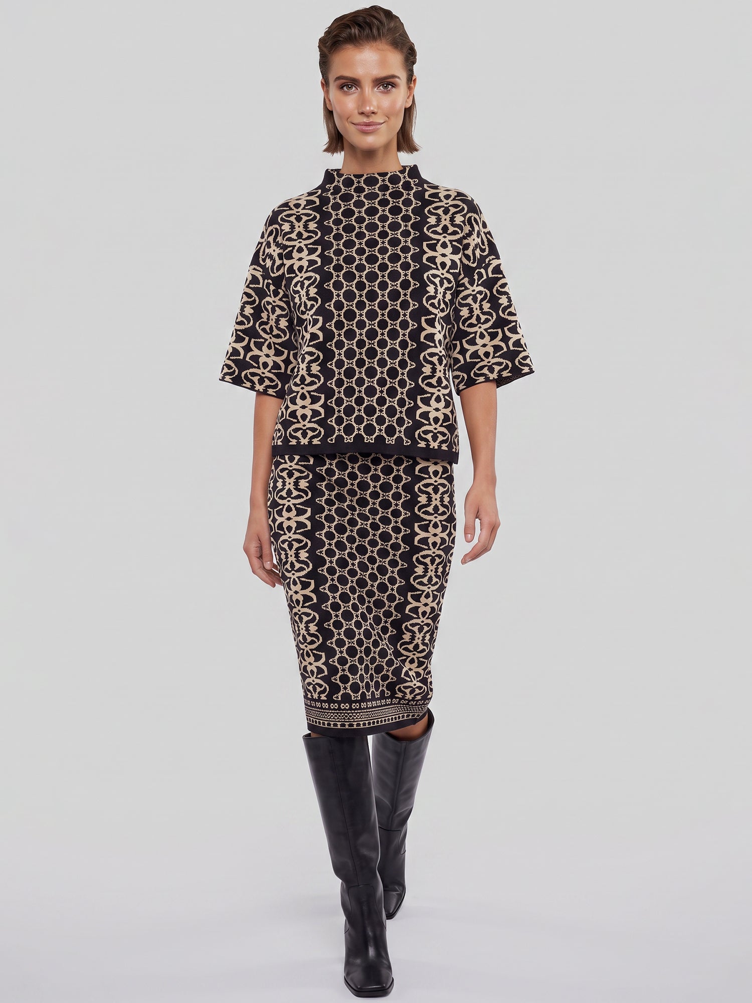 Jacquard-Strickrock mit Kaschmir | schwarz-champagner