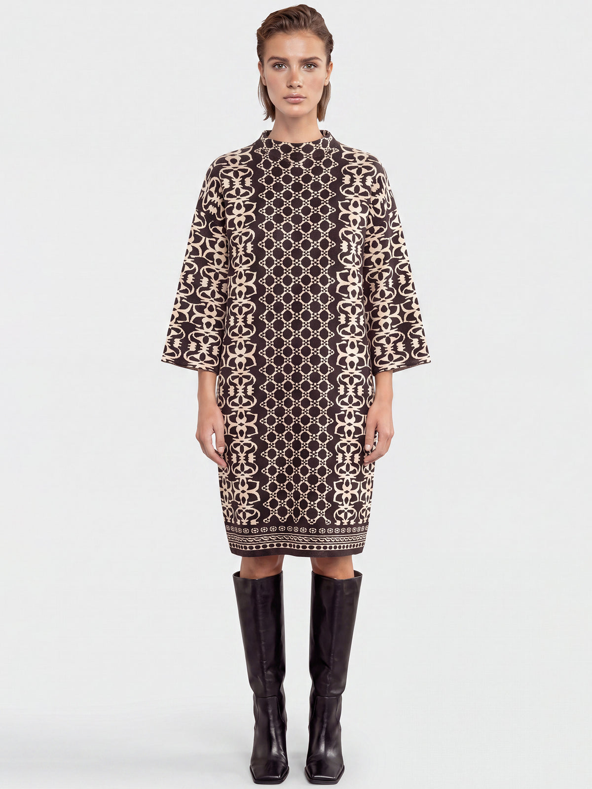 Jacquard-Strickkleid mit Kaschmir | schwarz-champagner