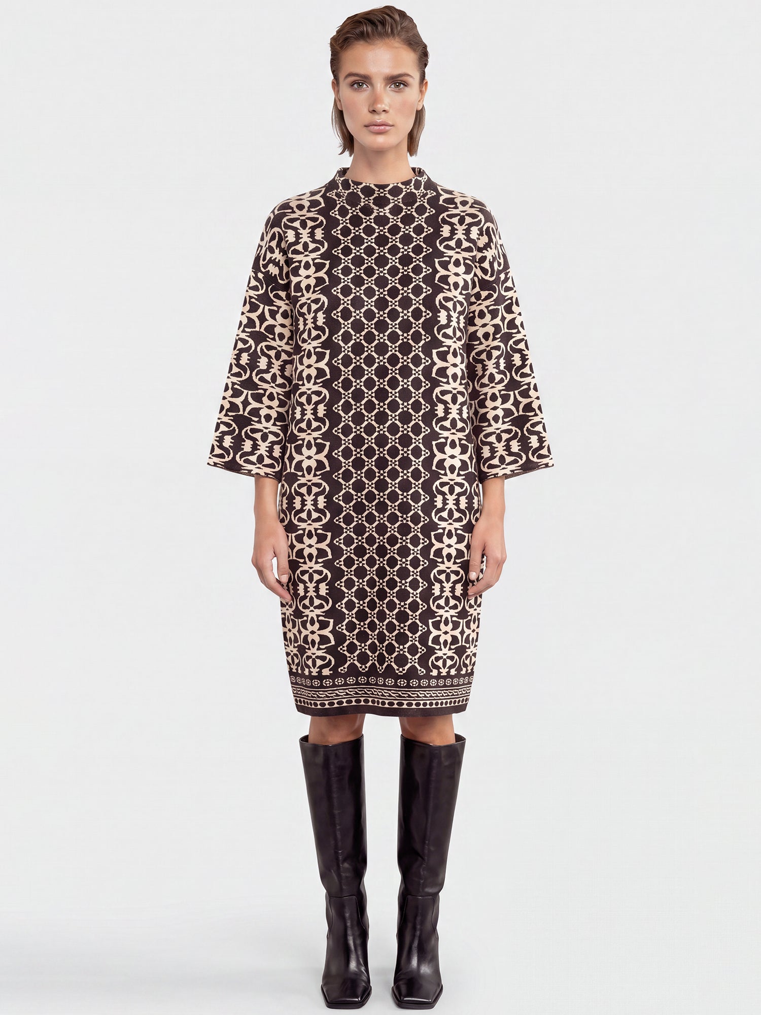 Jacquard-Strickkleid mit Kaschmir | schwarz-champagner