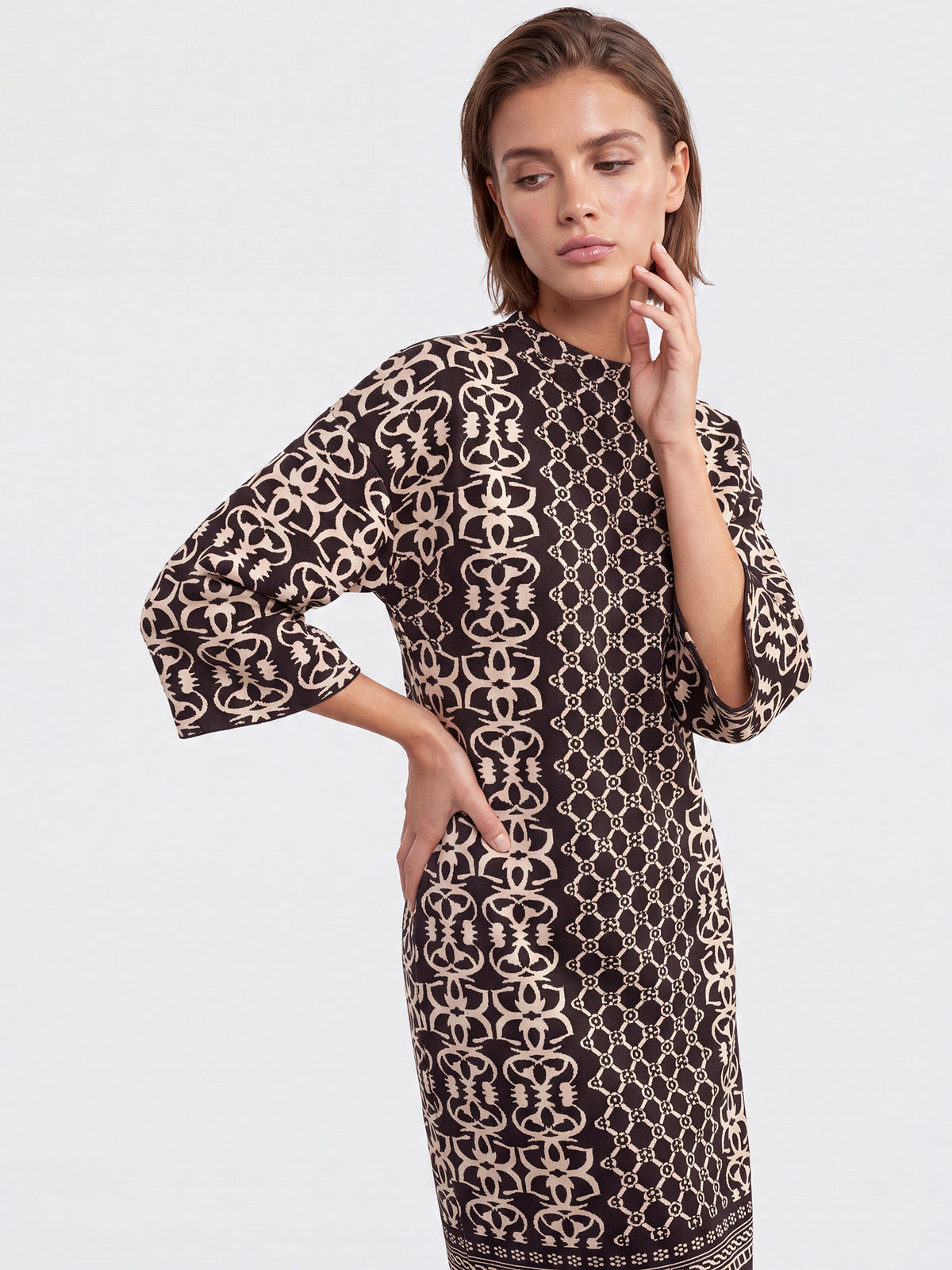 Jacquard-Strickkleid mit Kaschmir | schwarz-champagner