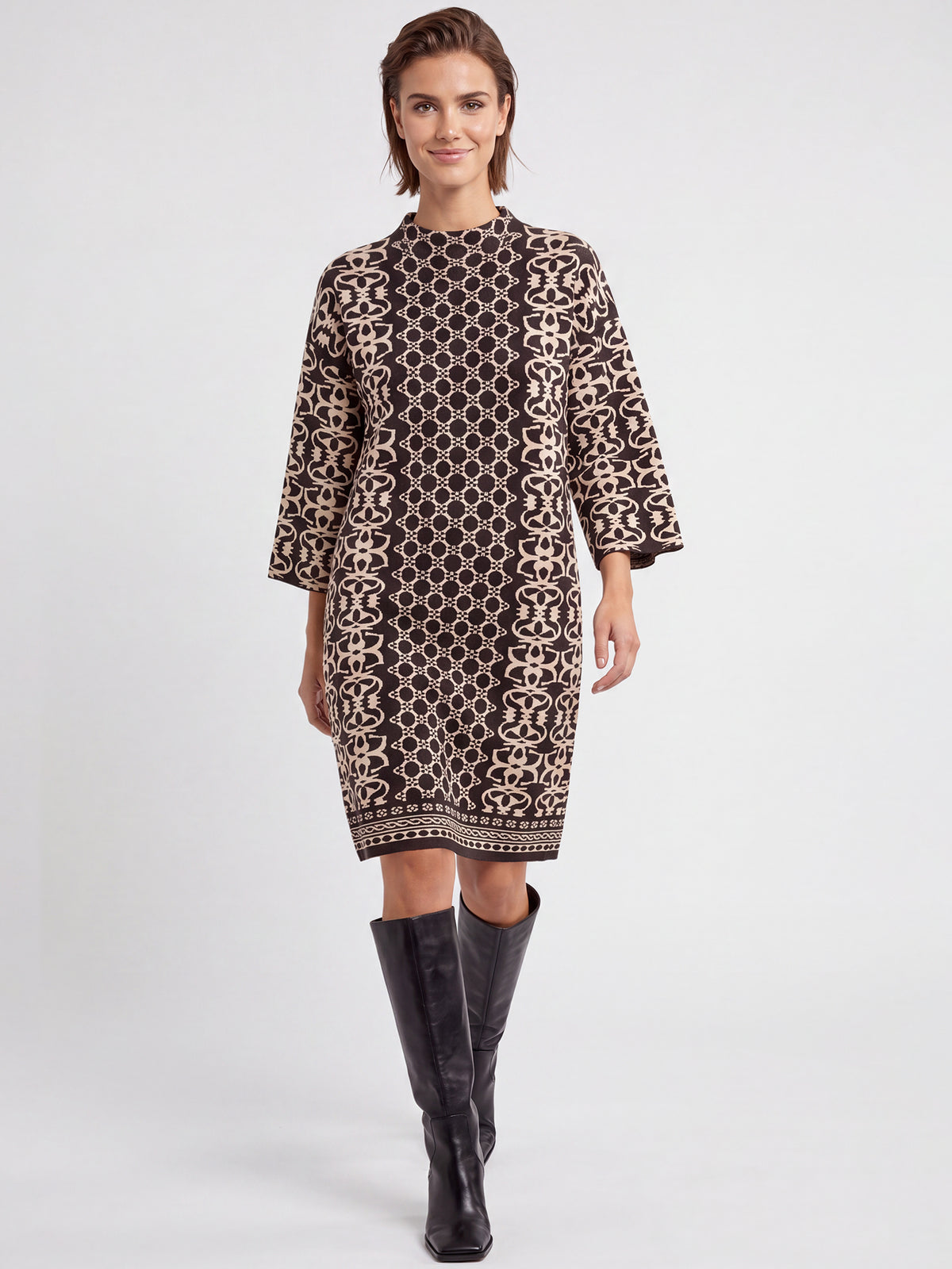 Jacquard-Strickkleid mit Kaschmir | schwarz-champagner
