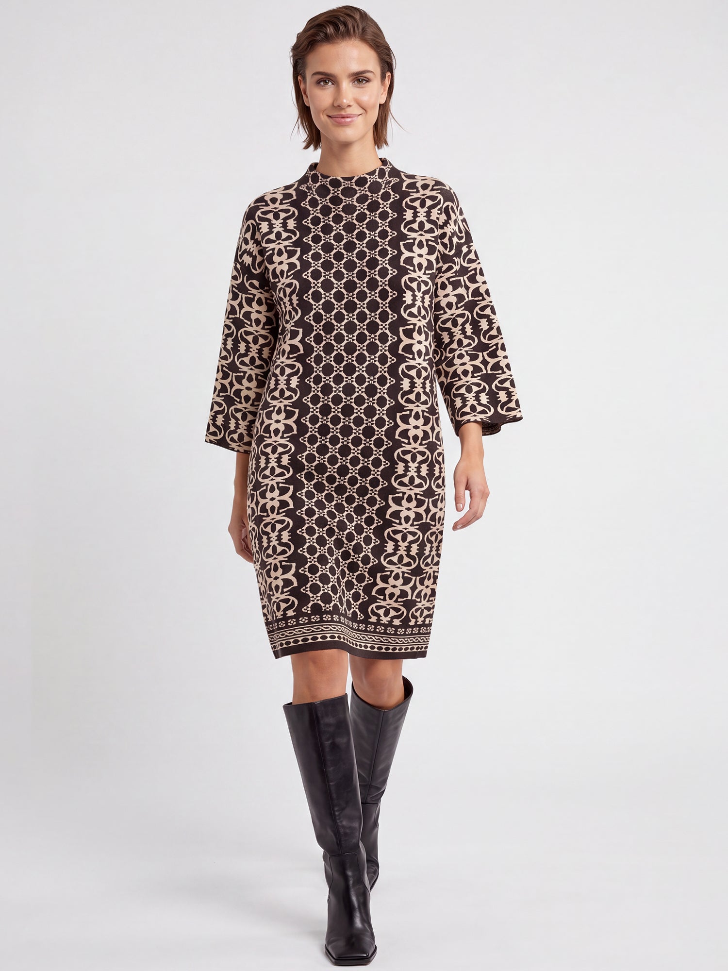 Jacquard-Strickkleid mit Kaschmir | schwarz-champagner